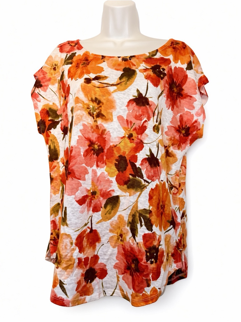 Joie Floral 100% Linen Blouse With Vibrant Orange & Pink Print Size L